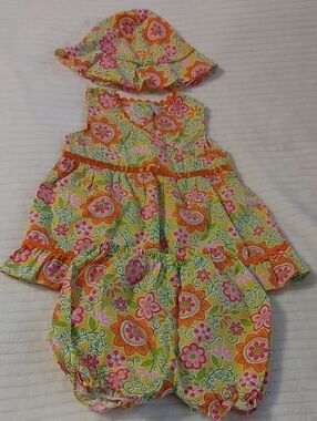 3 PC Girls Floral Summer Dress Diaper Cover & Sun Hat - Yellow Pink Orange NWOT